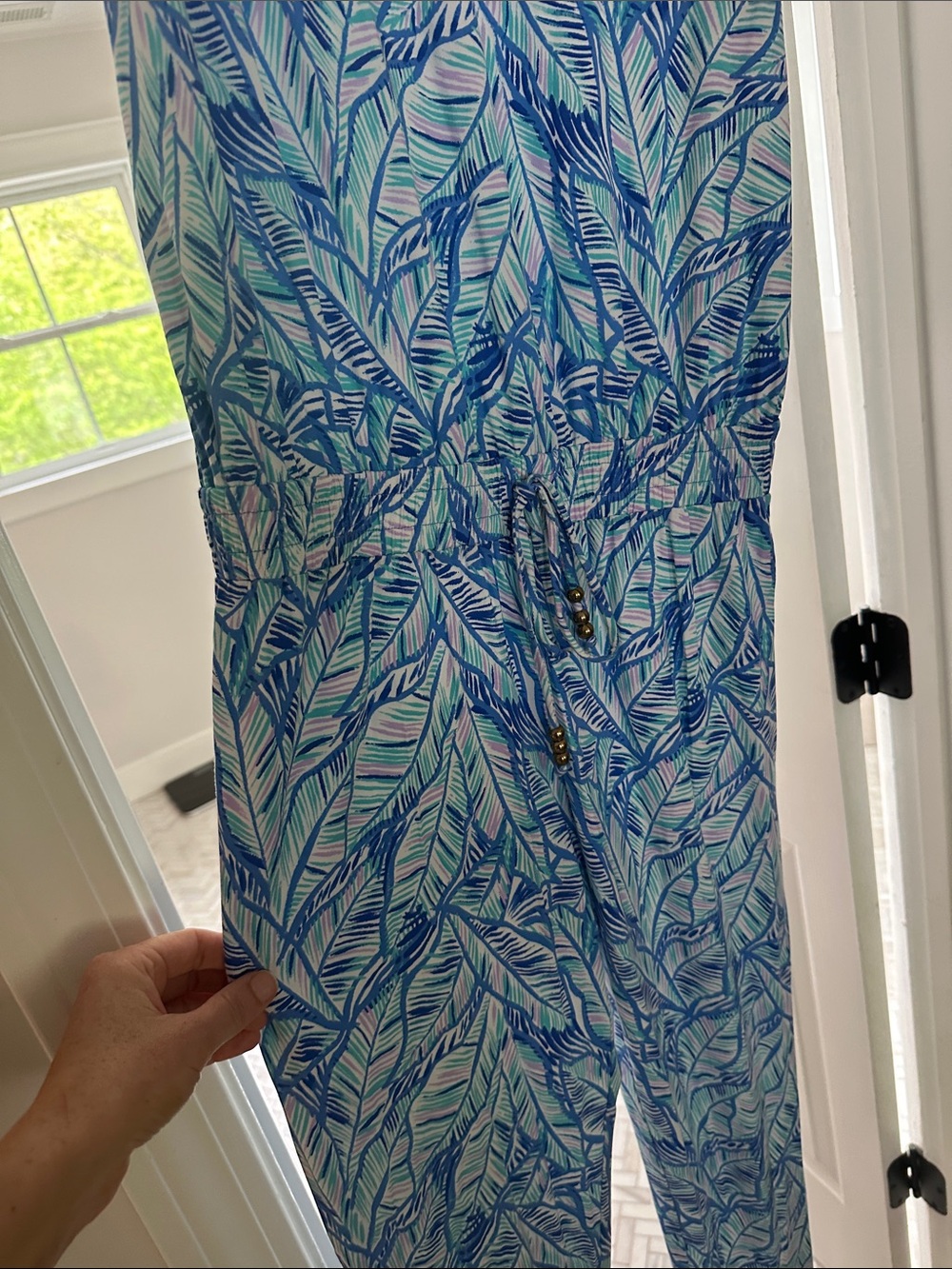 Lilly Pulitzer Blue and White Leaf-Print Sleeveless Jumpsuit - Picture 2 of 7